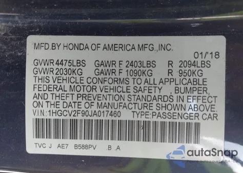 2018 Honda Accord Touring 2.0T из США, поврежденный, VIN 1HGCV2F90JA017460